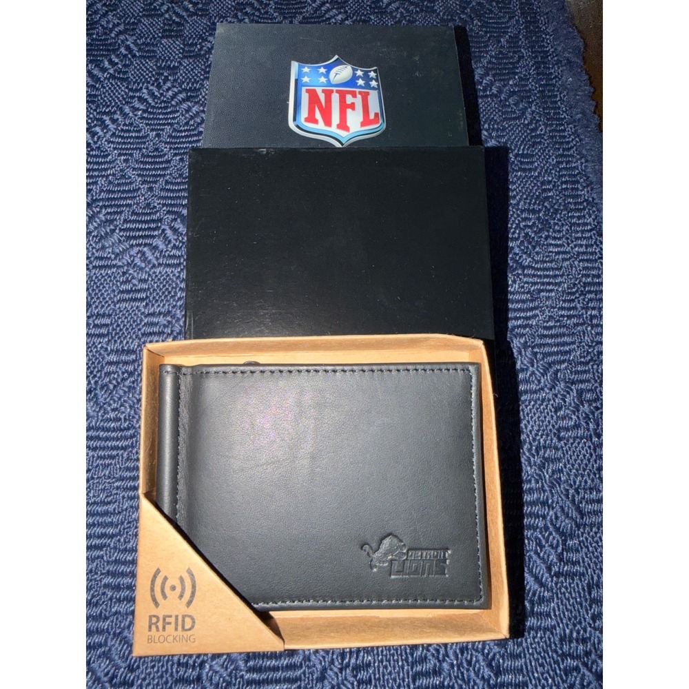 NFL Detroit Lions Mens Black Genuine Leather RFID Blocking Money Clip Wallet